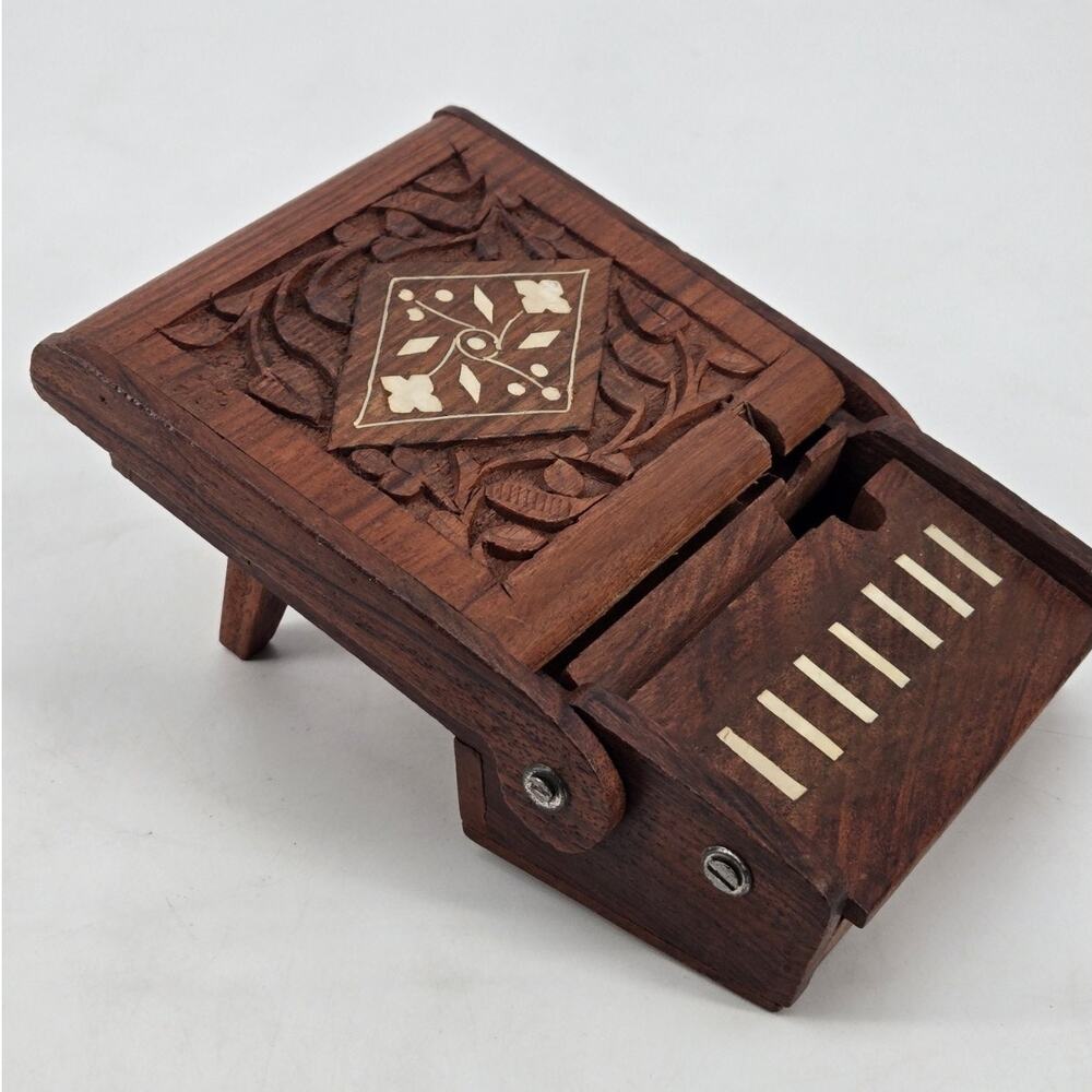 Vintage 60s Wood Carved Inlay Detailing Pop Up Cigarette Dispenser Piano Shape